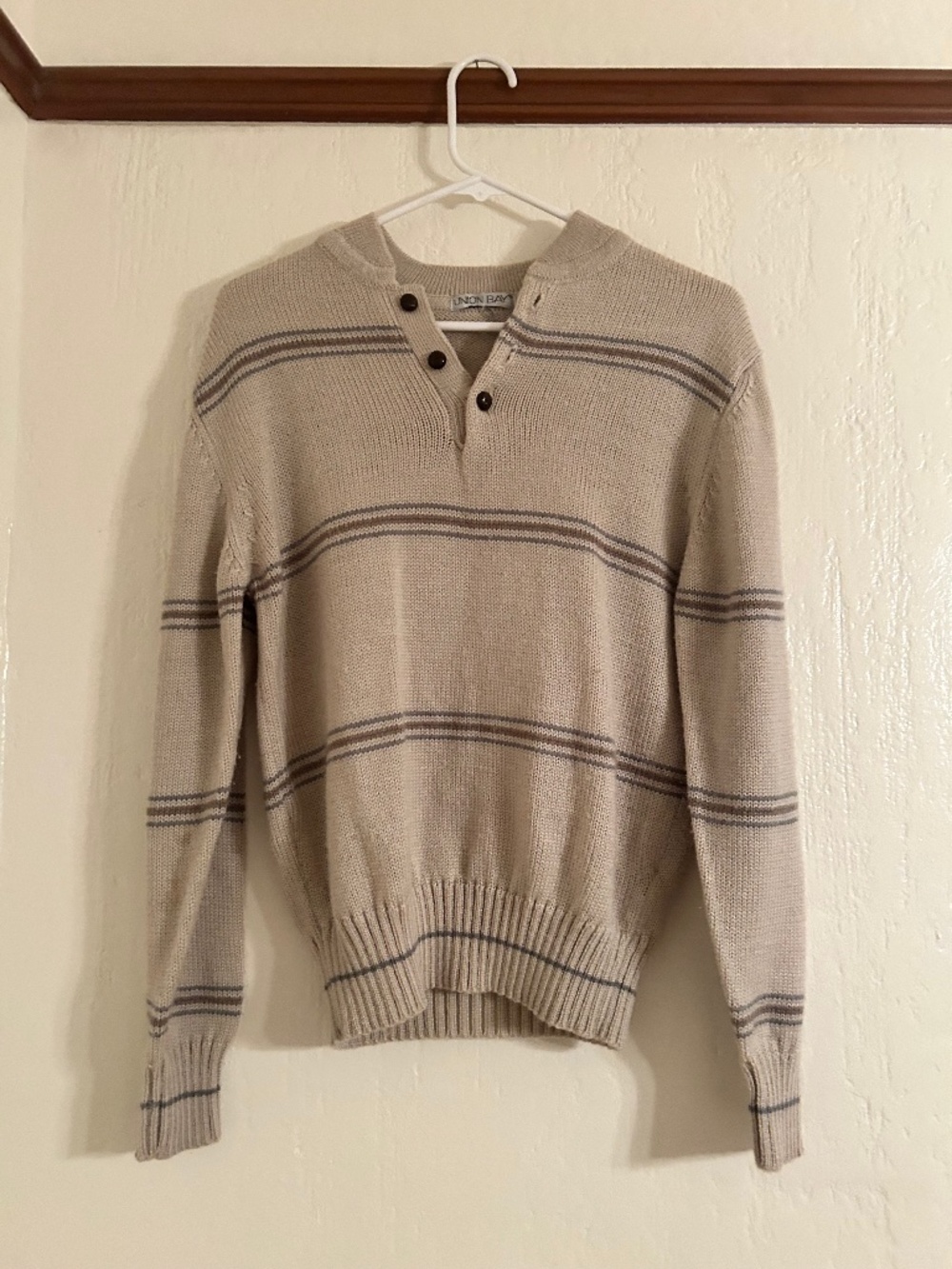 Vintage 90's Mens Cream Striped Collared Kit Sweater
